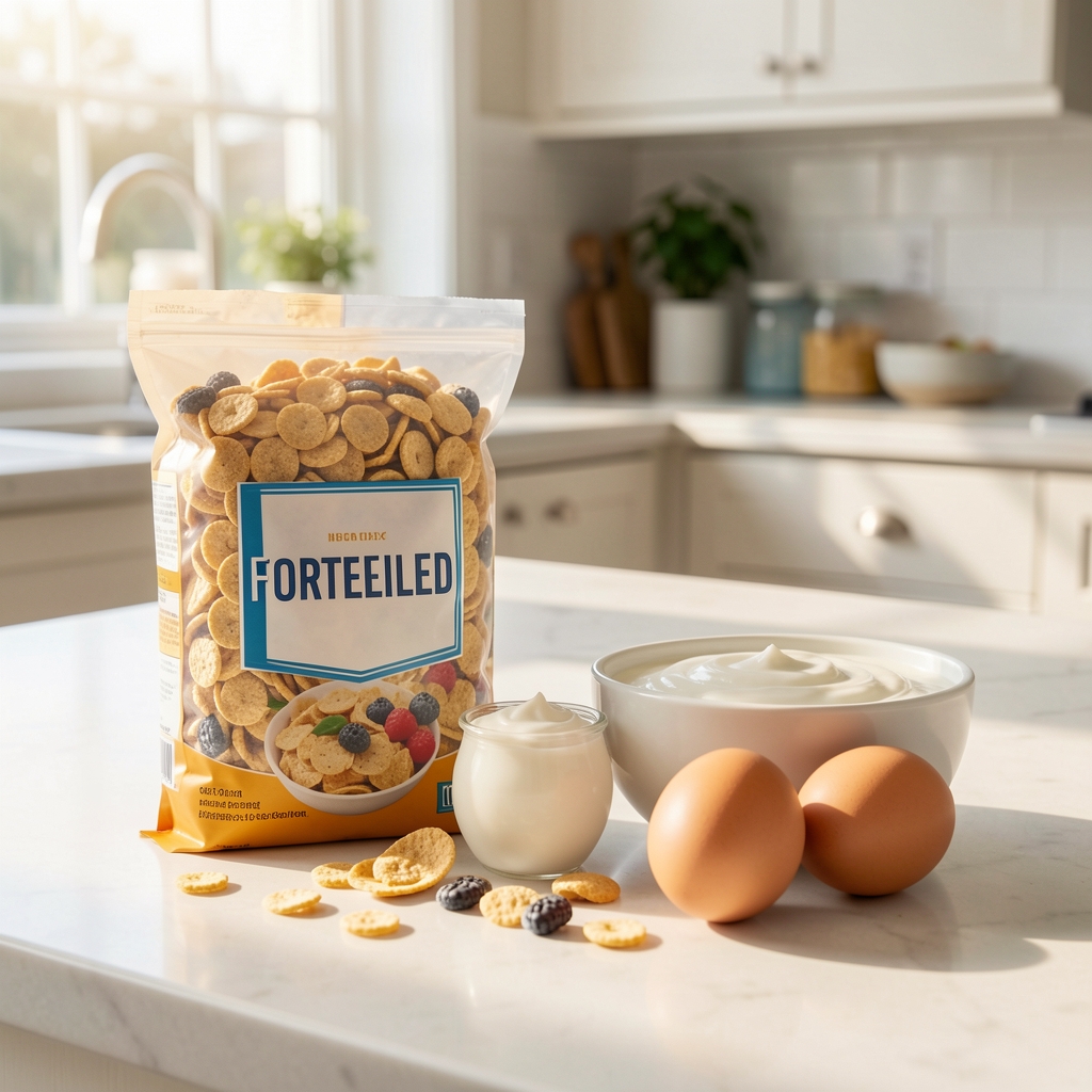 Fortified breakfast cereal, yoghurt and eggs arranged on a sunlit kitchen counter for a nutrition feature