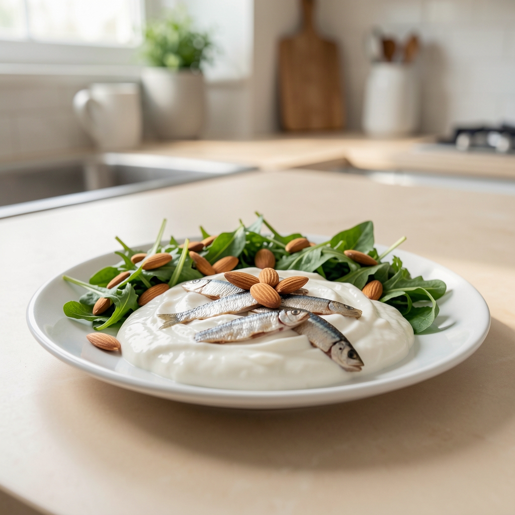 Colourful plate of yoghurt, leafy greens, almonds and sardines arranged on a pale kitchen table