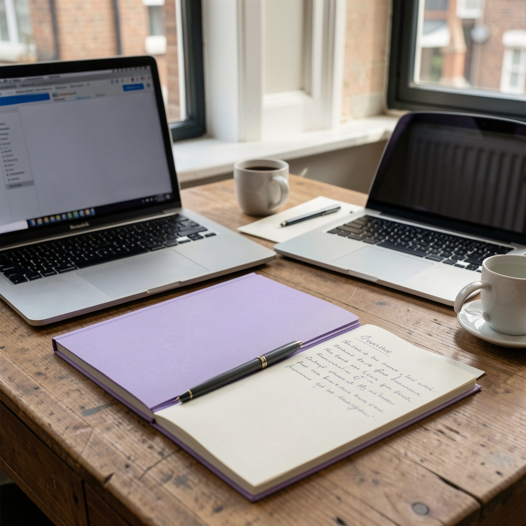 Quiet editorial workspace in Newcastle with lavender notebook, laptop and handwritten reader correspondence