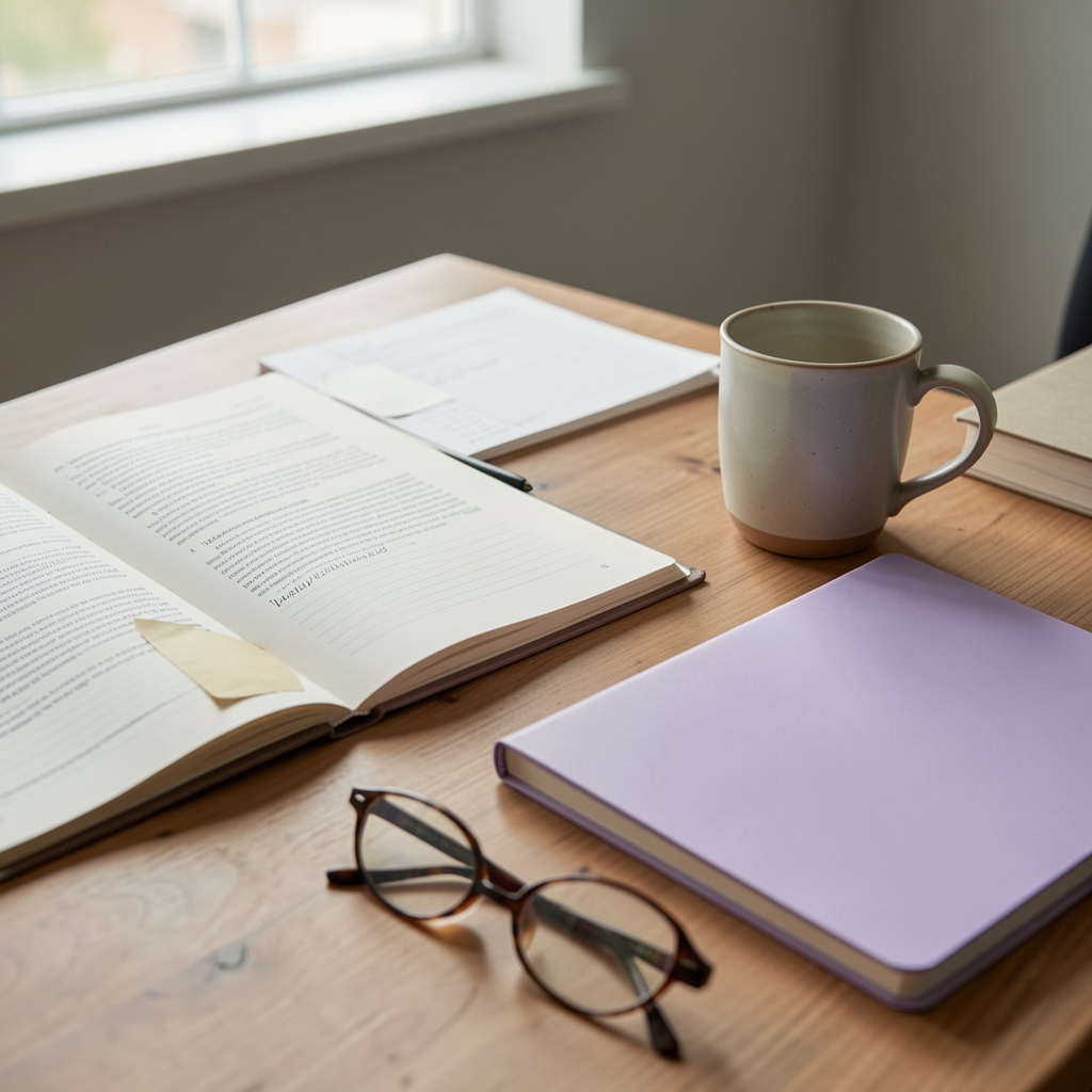 Editorial desk with open research notes, a ceramic mug, reading glasses and a lavender notebook