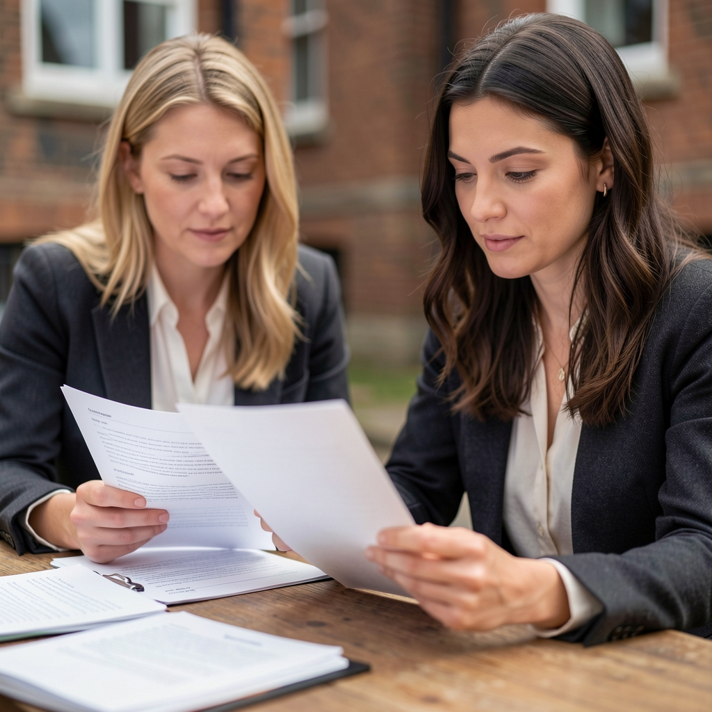Editorial desk with printed research notes, marked pages and a lavender notebook in Newcastle
