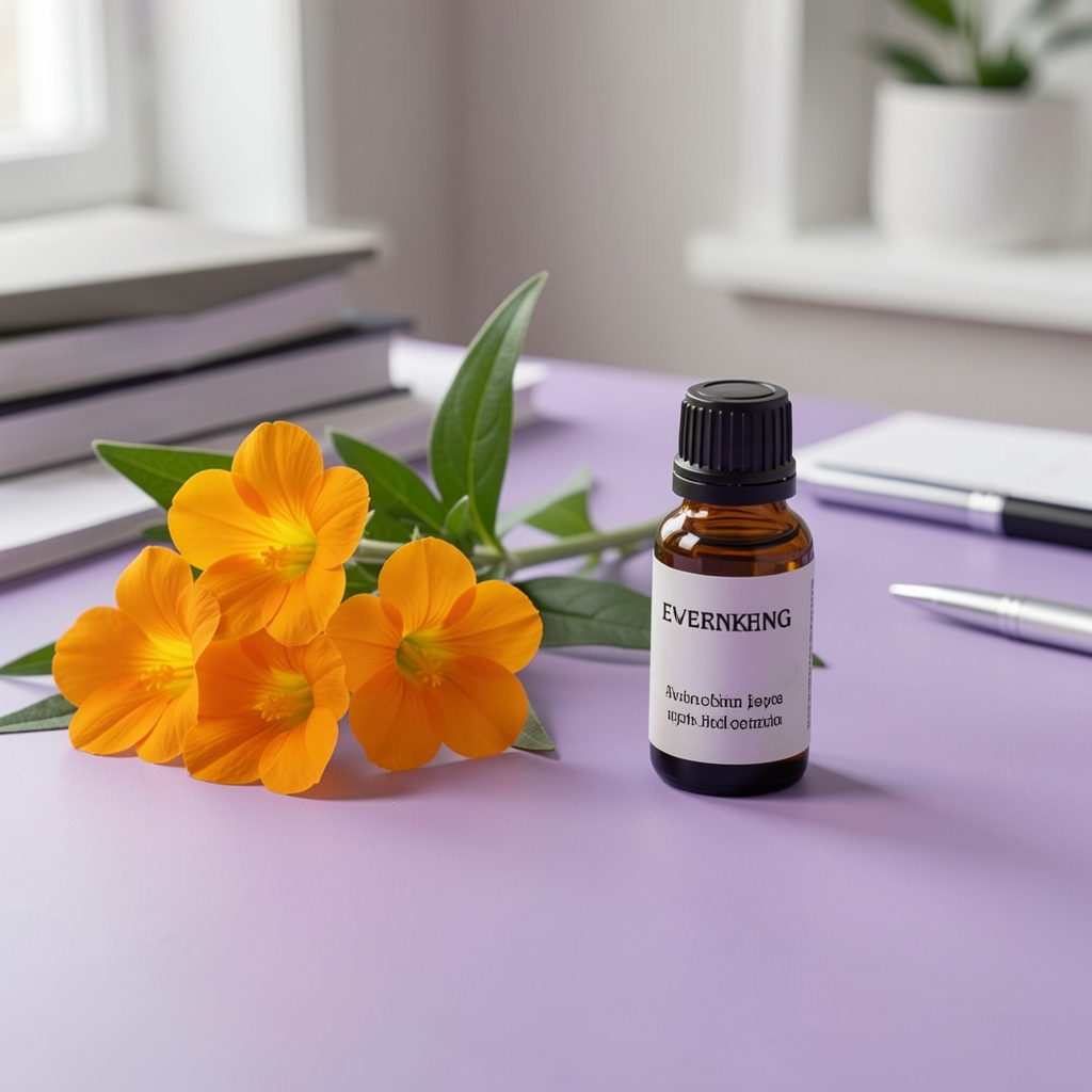 Evening primrose flowers and a small labelled oil bottle on a lavender-coloured editorial desk