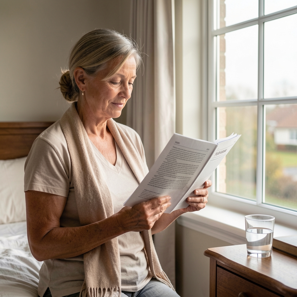 Woman over forty reading a research article beside a calm bedroom window with a glass of water