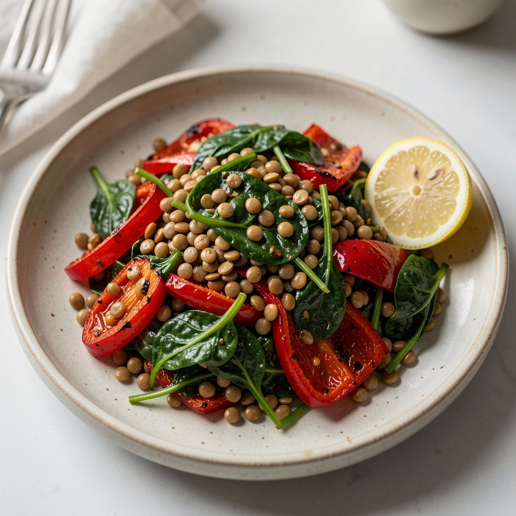 Iron-rich meal with lentils, spinach, roasted peppers and a lemon on a ceramic plate
