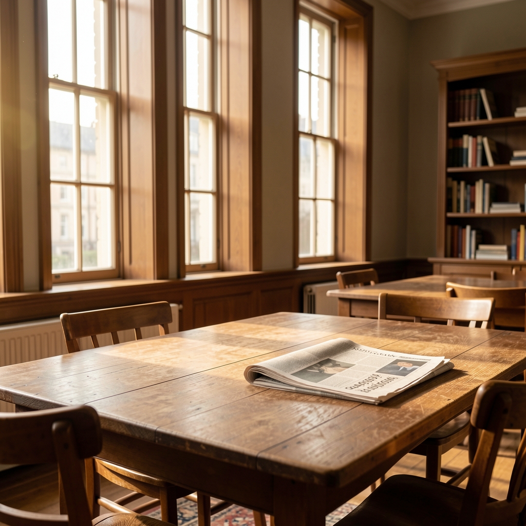 Quiet Newcastle reading room with tall windows, wooden table, folded newspaper and soft afternoon light