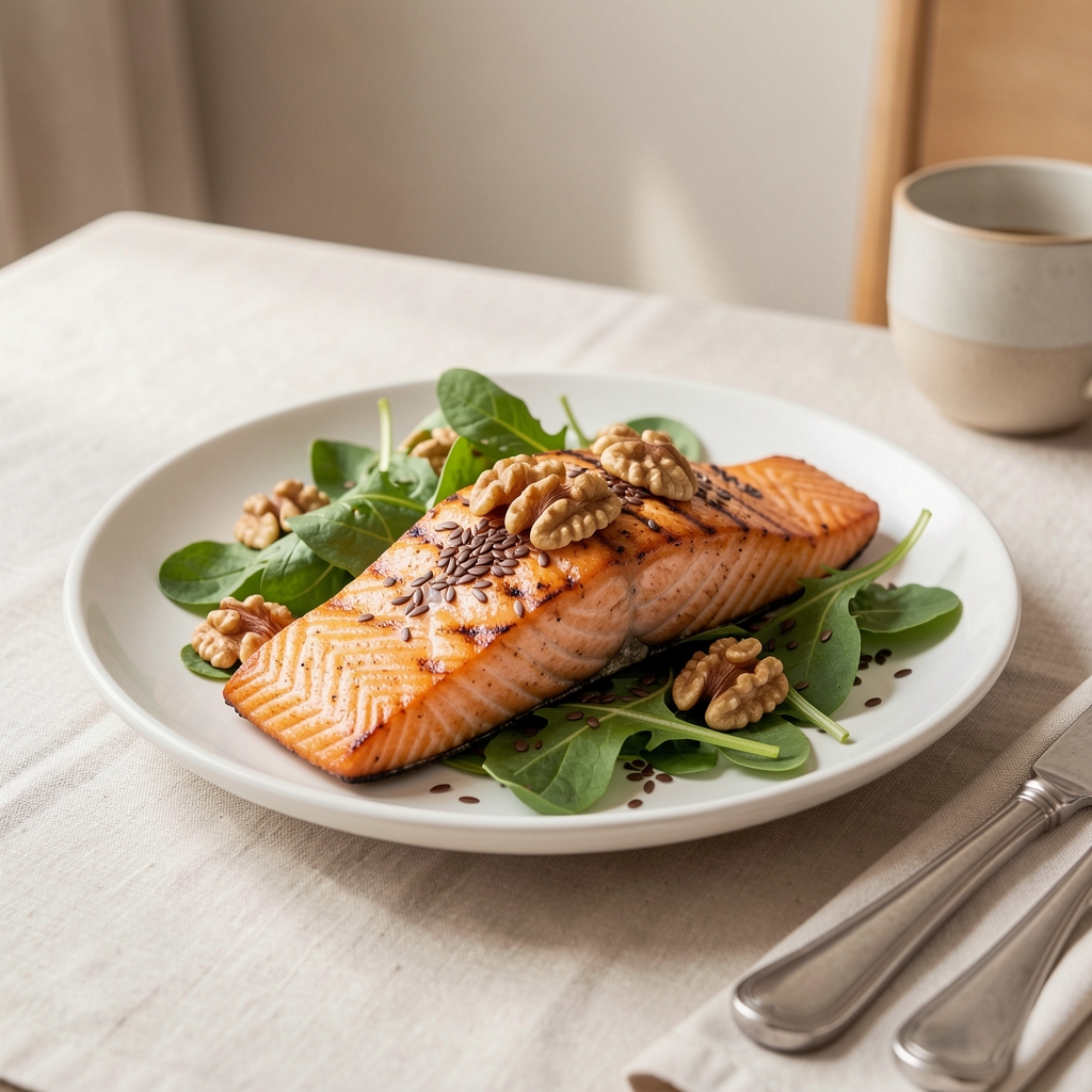 Grilled salmon, walnuts, flaxseed and leafy greens on a pale table prepared for an editorial nutrition article